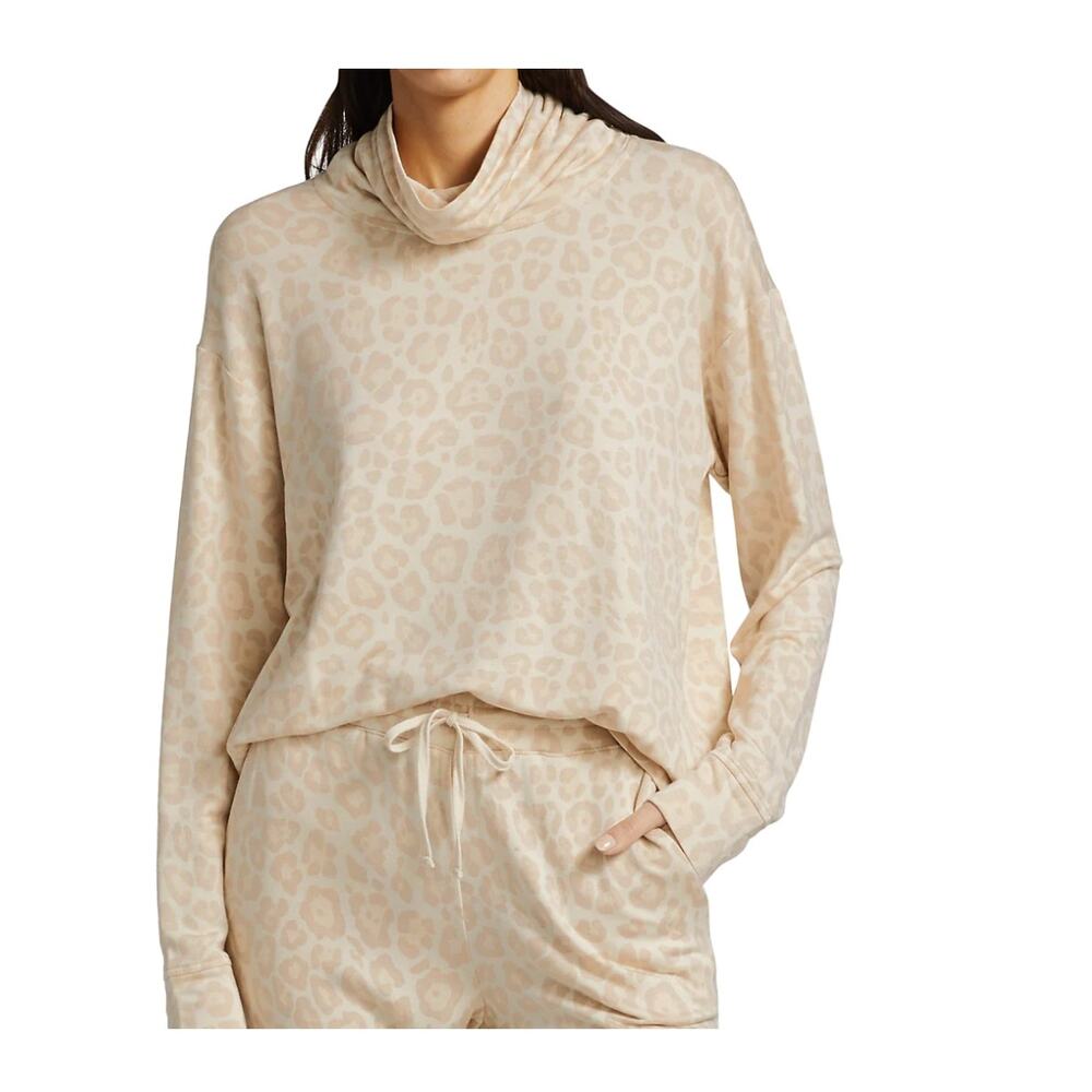 Splendid Leopard Cowl Sweatshirt Size M Neutral Beige Knit Top‎ Animal Print